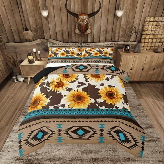 Sunflower Cow Print Bedding Set Western Cowhide Comforter Set Queen Southwestern Aztec Down Comforter Adults Men,Boho Rustic Farmhouse Quilt Set Teal Brown 3 Pcs