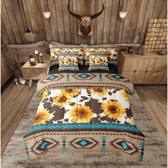 Sunflower Cow Print Bedding Set Western Cowhide Full Comforter Set 7 Piece Southwestern Aztec Bed In A Bag Adults Men,Boho Rustic Farmhouse Bed Set Teal Brown