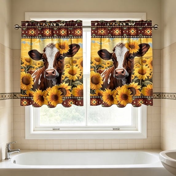 Sunflower Cow Print Kitchen Short Curtains, Rustic Farmhouse Rod Pocket Window Tier Curtains for Country Kitchen Cafe Window Decor