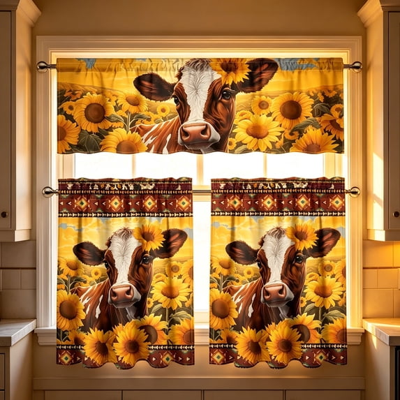 Sunflower Cow Print Kitchen Short Curtains, Rustic Farmhouse Rod Pocket Window Tier Curtains for Country Kitchen Cafe Window Decor