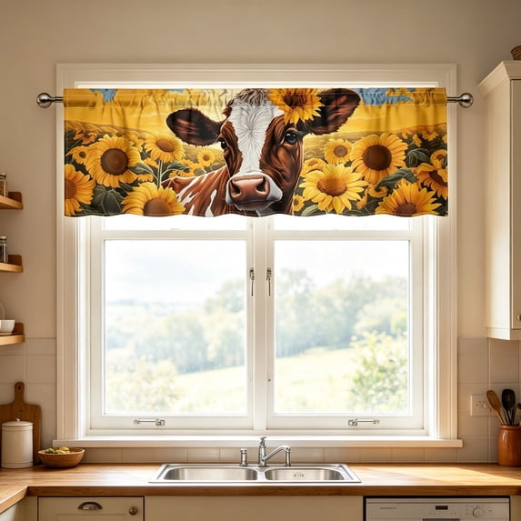 Sunflower Cow Print Kitchen Short Curtains, Rustic Farmhouse Rod Pocket Window Tier Curtains for Country Kitchen Cafe Window Decor