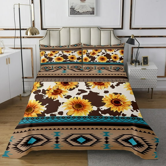 Sunflower Cow Print Quilt Set Western Cowhide Bedspread Set Queen Southwestern Aztec Coverlet Set Adults Men,Boho Rustic Farmhouse Bedding Set Teal Brown 3 Pcs