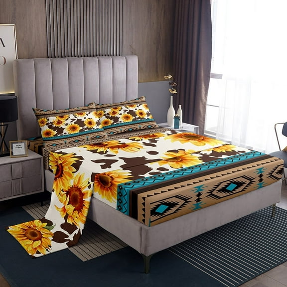 Sunflower Cow Print Sheet Set Western Cowhide Bed Sheets Queen Southwestern Aztec Bedding Men,Boho Rustic Farmhouse Teal Brown 1 Fitted Sheet 1 Flat Sheet 2 Pillow Cases