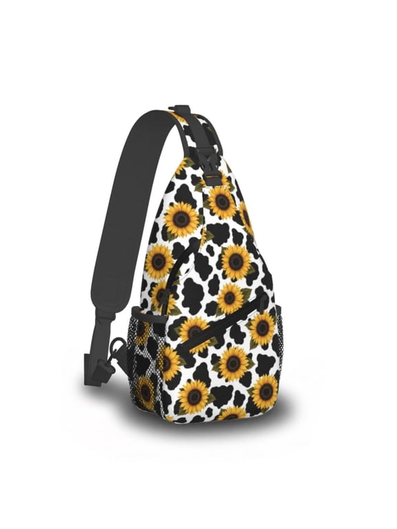 Sunflower Cow Print Sling Bag for Women Men Crossbody Chest Backpack Western Floral Shoulder Daypack with Adjustable Strap for Hiking Travel Cycling Outdoor Sports