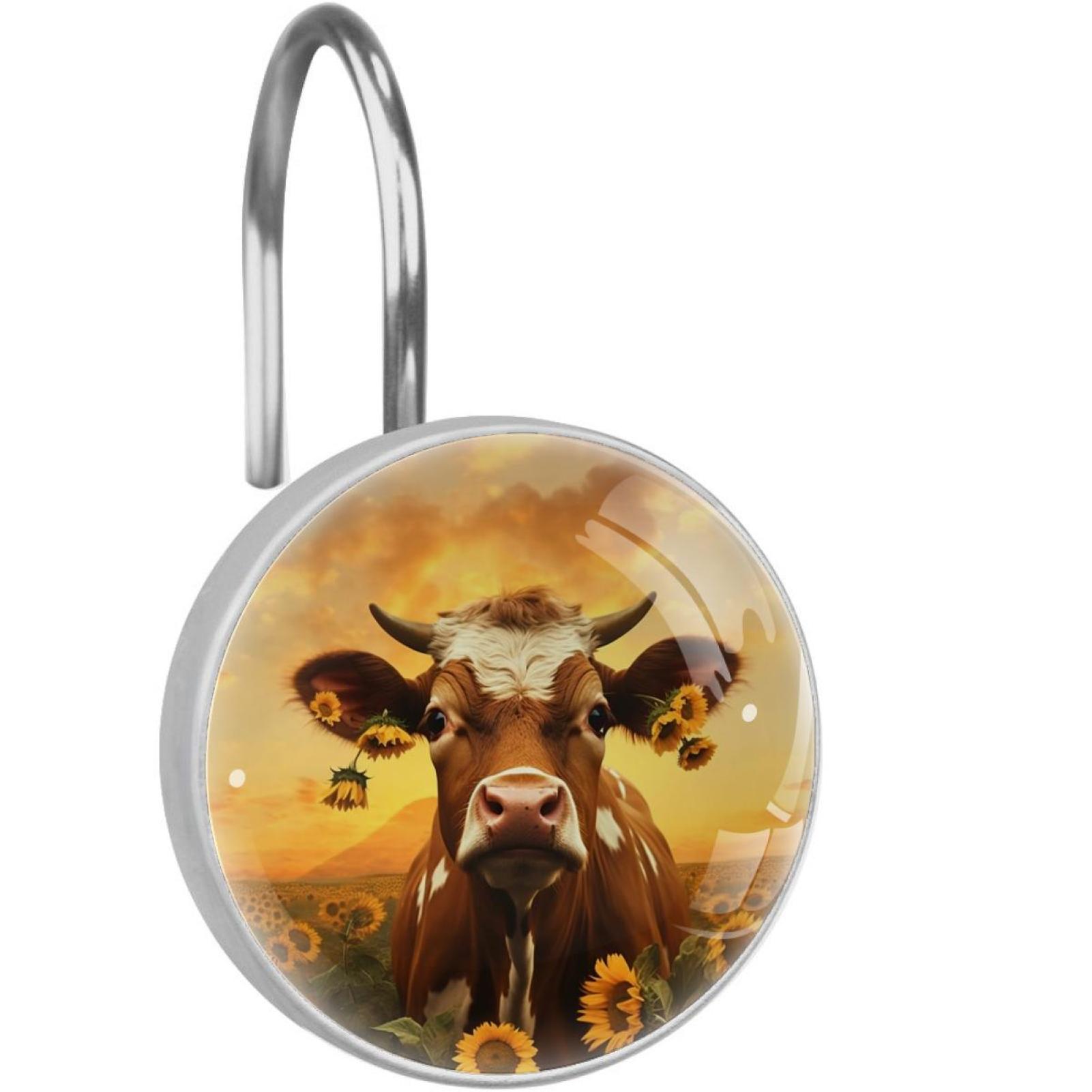 12 Pcs Cow Skull Shower Curtain Hooks — Stainless Steel Gold Finish, Rustproof Decorative Rings