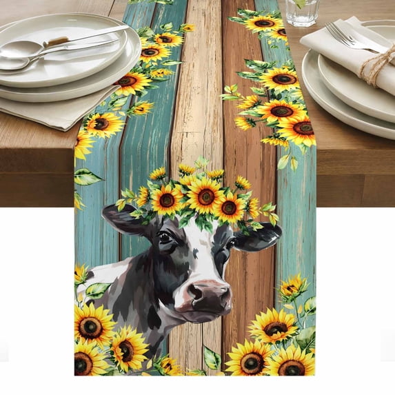 Sunflower Cow Table Runner - 108 Inch Long, Kitchen Dining Table Runner Dresser Scarves, Rustic Teal Brown Farmhouse Wood Grain Farmhouse Decor for Coffee Tables Wedding Party Banquet