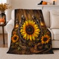 thumbnail image 1 of Sunflower Cowboy Hat Rustic Wood Plank Design, Rustic Botanical Portrait, Warm Flannel Blanket for Ranch House and Living Room, Animal Lovers Birthday Gift, Rustic Home Decor, 1 of 9