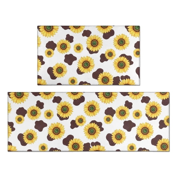 Sunflower and Cowprint White Pattern Anti Fatigue Kitchen Rugs Set Of 2, Non Slip Washable Decorative Floor Mats for Kitchen Sink Laundry, 17"x30" and 17"x47"