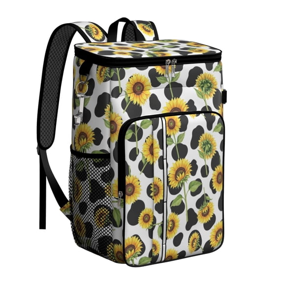 Witite Pattern Sunflower and Cowprint White Pattern Insulated Cooler Backpack, 600D ...