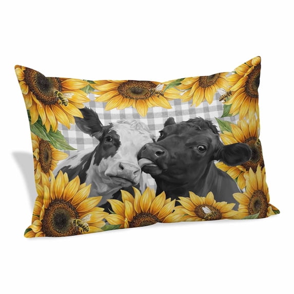 Sunflower Cows Pillow Covers 24"x36", Yellow Floral Botanical Summer Grey Plaid Soft Brushed Microfiber Breathable Throw Pillow Covers, Decorative Pillowcase with Zipper for Couch Sofa Bedroom