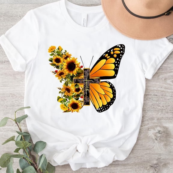 Sunflower Cross Butterfly T-Shirt: Christian Faith Graphic Tee All Size S-5Xl