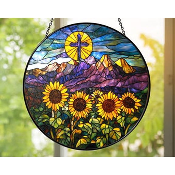 Sunflower Cross Glass Suncatcher | Christian Window Hanging Art | Handmade Sunflower & Mountain Home Décor Gift, 3.5 in