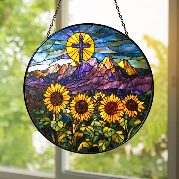 Sunflower Cross Mountain Stained Glass Suncatcher Handmade Window Hanging Art Home Decor Christian Gift
