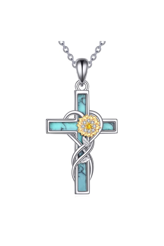Sunflower Cross Necklace 925 Sterling Silver Sunflower Pendant Turquoise Jewelry Gift for Women