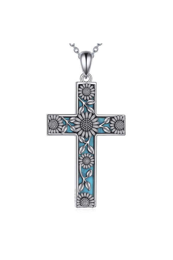 Sunflower Cross Necklace S925 Sterling Silver Turquoise Cross Pendant Necklaces Sunflower Jewelry Gifts for Women