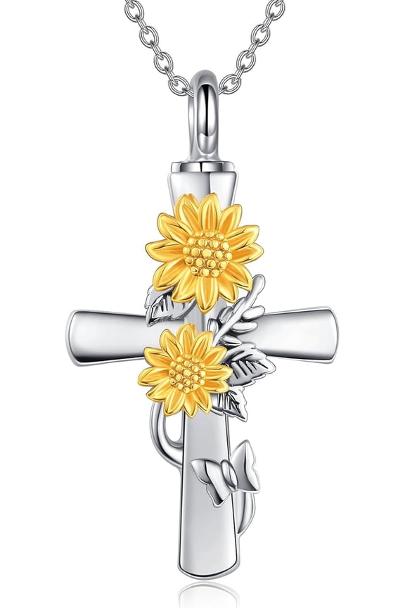 Sunflower Cross Urn Necklace for Ashes Sterling Silver Sunflower Cross Cremation Necklace for Ashes Flower keepsake Jewelry for Women Human