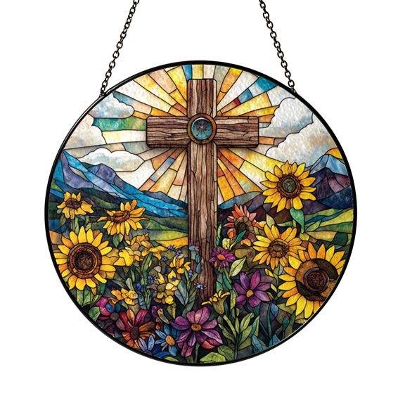 Sunflower Cross Window Hanging, Religious Glass Ornament