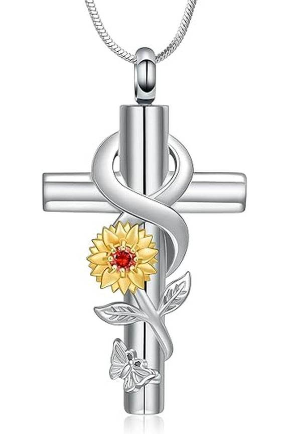 Eternity Cross Cremation Urn Necklace for Ashes Sunflower Ashes Urn Necklace for Human / Pet Infinity Urn Pendant Necklace Keepsake Jewelry for Love Ones