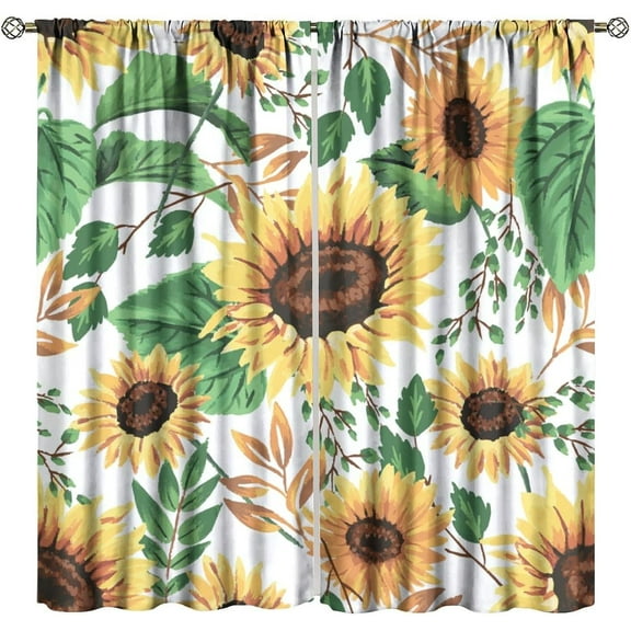 Sunflower Curtain Cute Oil Painting Yellow Flowers Green Leaves Pattern Blackout Print Rod Pocket Window Drapes for Bedroom Living Room 42x54in