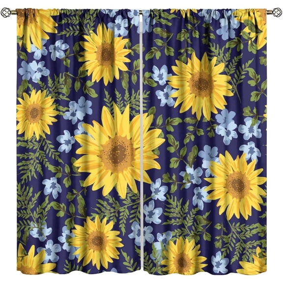 Sunflower Curtain Cute Yellow and Blue Flowers Green Leaves Pattern Blackout Print Rod Pocket Window Drapes for Bedroom Living Room 42x54in