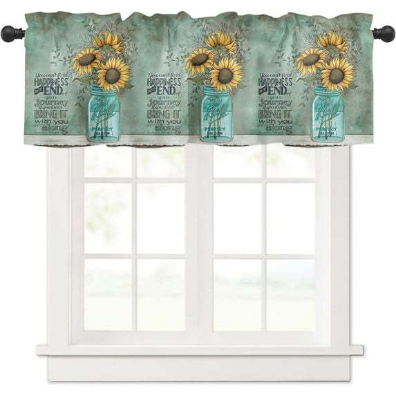 Sunflower Curtain Valance, Mason Jar Positive Quotes Vintage Farmhouse Decoration Short Rod Pocket Window Treatment for Living Room, Bedroom, Kitchen, Bathroom, 1 Panel, 54" W x 18" L