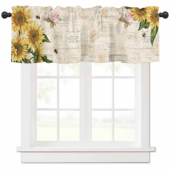 Sunflower Curtain Valance for Windows/Kitchen/Living Room/Bedroom, Farmhouse Floral Bee Brown Vintage Pink Yellow Rod Pocket Window Treatment Short Drape Topper Small Tier Cafe Curtains Panel 54X18