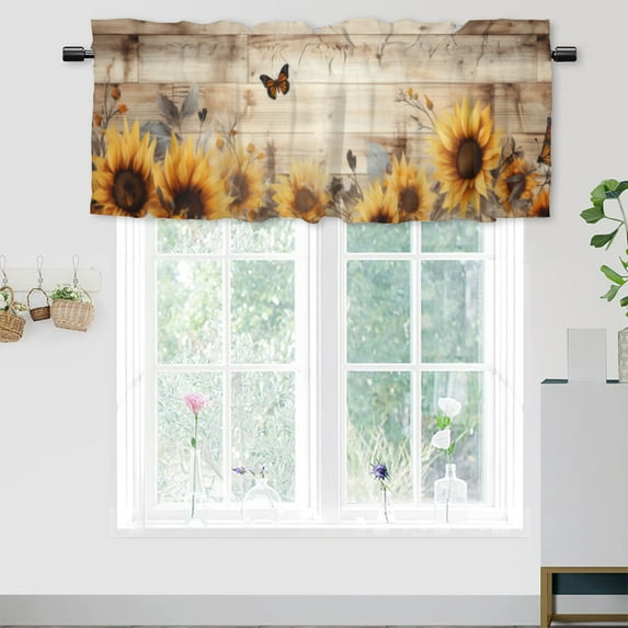 Sunflower Curtain Valances for Kitchen Windows Farmhouse Butterfly Rustic Wooden Background Rod Pocket Window Valance for Living Room Bathroom Bedroom Kitchen 54 by 18 in, 1 Panel