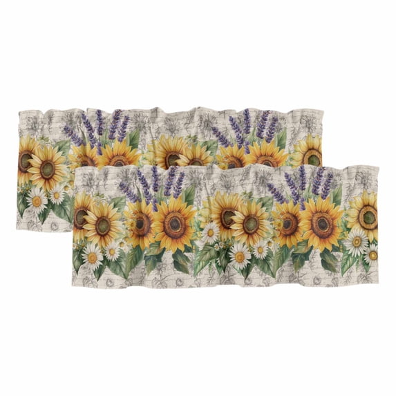 Sunflower Curtain Valances for Windows, Kitchen Valance Window Treatments Panel 2 Pack, Summer Botanical Lavender Farmhouse Rod Pocket Short Curtains for Bathroom Bedroom 60 x 18 Inch