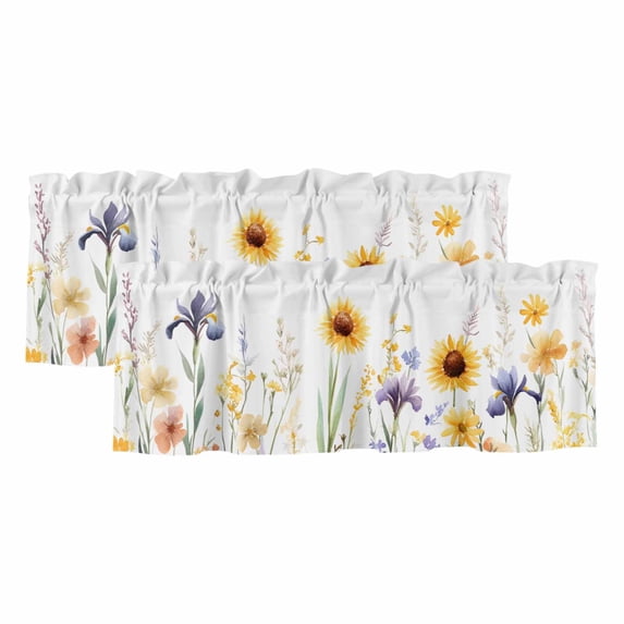 Sunflower Curtain Valances for Windows, Kitchen Valance Window Treatments Panel 2 Pack, Watercolor Yellow Summer Botanical Rod Pocket Short Curtains for Bathroom Bedroom 60 x 18 Inch