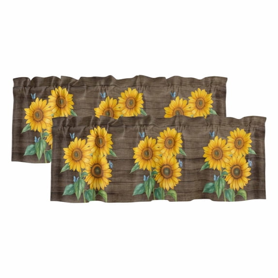 Sunflower Curtain Valances for Windows, Kitchen Valance Window Treatments Panel 2 Pack, Yellow Summer Botanical Butterfly Wooden Vintage Rod Pocket Short Curtains for Bathroom Bedroom 42 x 12 Inch