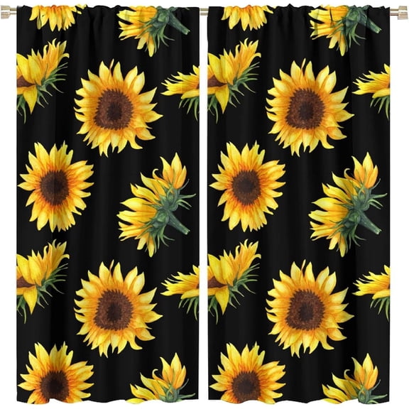 Sunflower Curtains Black Yellow Farmhouse Floral Pattern Blackout Print Rod Pocket Window Drapes for Bedroom Living Room Kitchen 42x54in