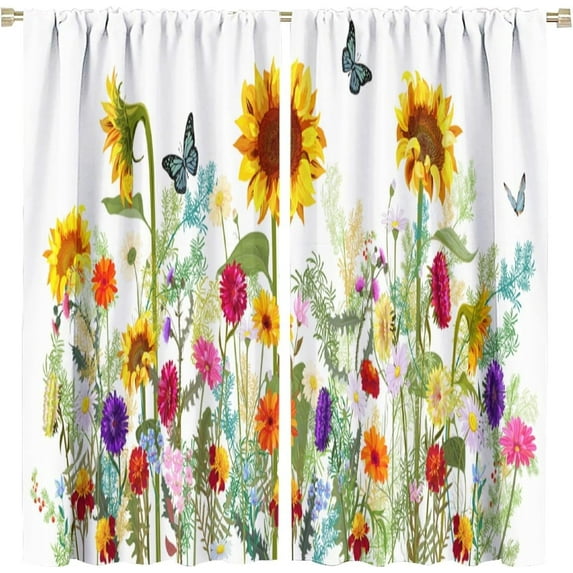 Sunflower Curtains Butterfly Retro Floral Plants for Kitchen Bedroom Living Room Children''s Room Flower Decor Blackout Rod Pocket Printed Window Drapes 42x54in