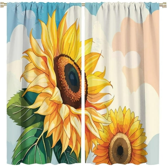 Sunflower Curtains Cartoon Flower Plant Rod Pocket Blackout Window Treatment for Living Room Girls Woman Room Decor Floral Art Printed Window Drapes 42x54in