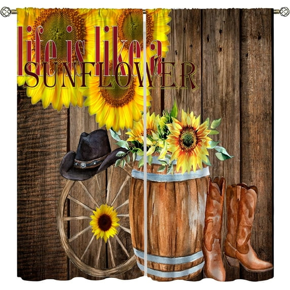 Sunflower Curtains, Farmhouse Vintage Wood Panel Western Cowboy Sunflower Floral Prints Blackout Rod Pocket Window Treatments Drapes for Kitchen Bedroom Living Room42x54in