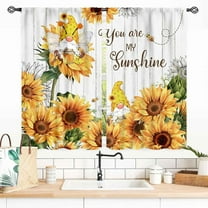 Sunflower Curtains for Kitchen, Rusitc Country Gnome Yellow Flowers on Wooden Printed Farmhouse Style Rod Pocket Bedroom Living Room Small Short Window Curtains 2 Panels, 55x39 Inch