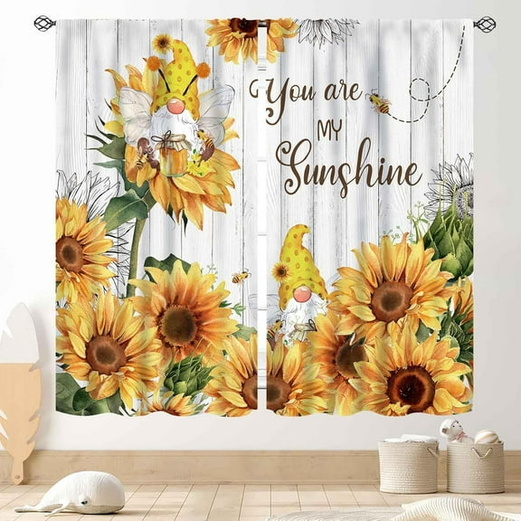 Sunflower Curtains for Kitchen, Rusitc Country Gnome Yellow Flowers on Wooden Printed Farmhouse Style Rod Pocket Bedroom Living Room Window Curtains 2 Panels, 55"x63" Inch