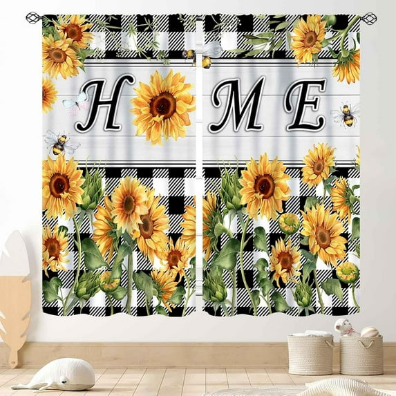 Sunflower Curtains for Kitchen, Rusitc Country Yellow Flower Printed Farmhouse Style Buffalo Plaid Checkered Patterned Rod Pocket Bedroom Living Room Home Window Curtains, 52"x84" Inch