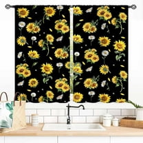 Sunflower Curtains for Living Room, Rusitc Farmhouse Black Yellow Floral Flower Printed Retro Country Rod Pocket Small Short Kitchen Bedroom Cafe Window Drapes Treaments 2 Panel, 55x39 Inch
