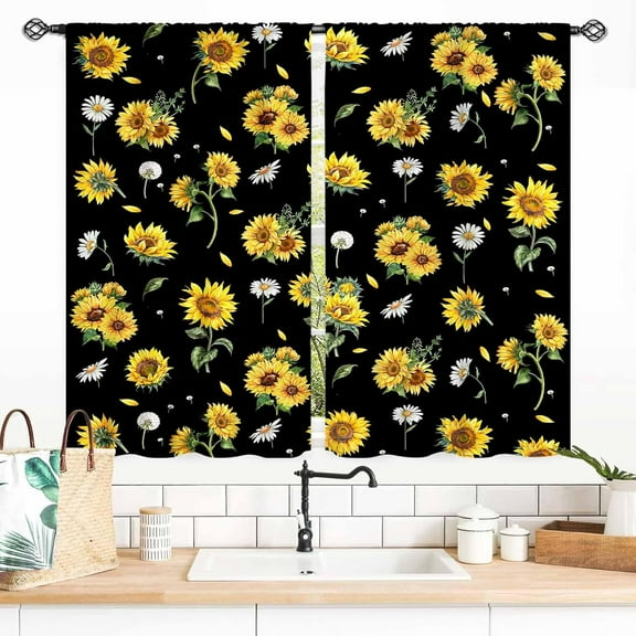 Sunflower Curtains for Living Room, Rusitc Farmhouse Black Yellow Floral Flower Printed Retro Country Rod Pocket Small Short Kitchen Bedroom Cafe Window Drapes Treaments 2 Panel, 55x39 Inch