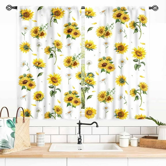 Sunflower Curtains for Living Room, Rusitc Farmhouse White Yellow Floral Flower Printed Retro Country Rod Pocket Small Short Kitchen Bedroom Cafe Window Drapes Treaments 2 Panel, 55x39 Inch