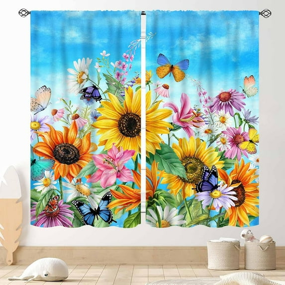 Sunflower Curtains for Living Room, Watercolor Floral Summer Spring Garden Colorful Flower Retro Country Kitchen Bedroom Cafe Window Drapes Treaments 2 Panel, 52"x84" Inch