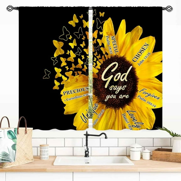 Sunflower Curtains, Rustic Black Yellow Flower Counrtry Farmhouse Style Positive Quote Sunflower Printed Small Short Window Drape Treatments for Kitchen Bedroom Living Room 2 Panels, 55x39 Inch
