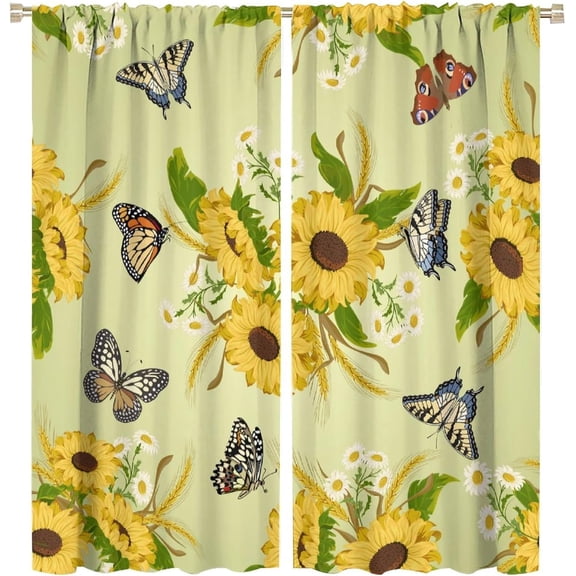 Sunflower Curtains Rustic Farmhouse Floral Butterflies White Flowers Blackout Print Rod Pocket Window Drapes for Bedroom Living Room-26"W x 63"L (Pack of 2)