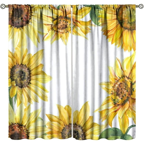 Sunflower Curtains Rustic Farmhouse Yellow Flowers Watercolor Vintage Nature Botanical Girls Women Kitchen Bedroom Living Room Blackout Rod Pocket Decoration Window Drapes 2 Panels W21xL54in