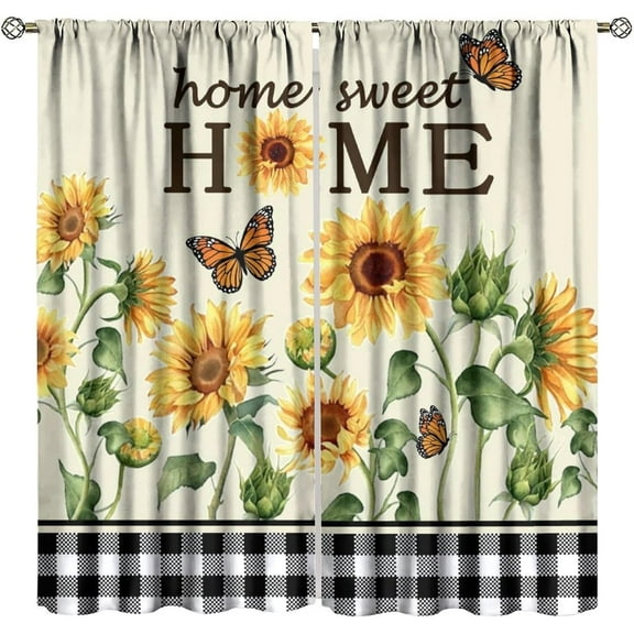 Sunflower Curtains Rustic Watercolor Botanical Yellow Flowers Green Leaves Butterflies Black White Plaid Bedroom Living Room Kitchen Blackout Rod Pocket Decoration Window Drapes 2 Panels W42xL84in