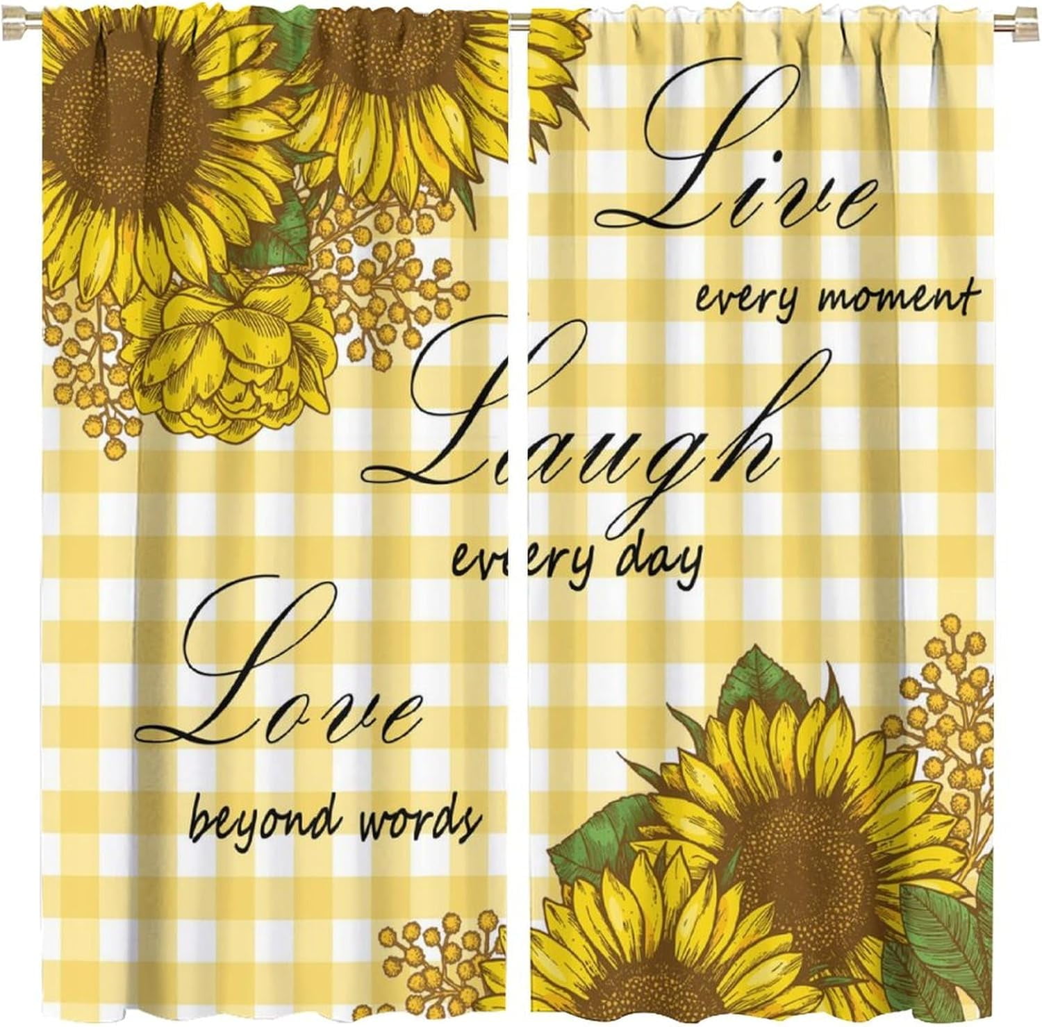 Sunflower Curtains Vintage Farmhouse Rustic Flowers Yellow White Buffalo Plaid Bedroom Living Room Bathroom Blackout Rod Pocket Decoration Window Drapes 2 Panels W26xL84in