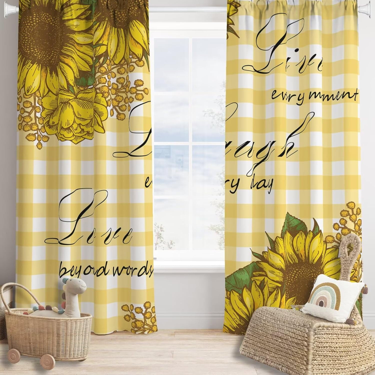 Sunflower Curtains Vintage Farmhouse Rustic Flowers Yellow White Buffalo Plaid Bedroom Living Room Bathroom Blackout Rod Pocket Decoration Window Drapes 2 Panels W42xL54in