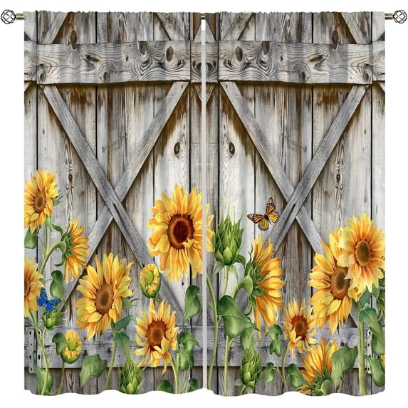 Sunflower Curtains, Vintage Rustic Farm Wood Panel Watercolour Sunflower Plant Flower Butterfly Blackout Windows Treatments, Thermal Insulated Drapes For Boys Girls Bedroom Living Room 42x63in