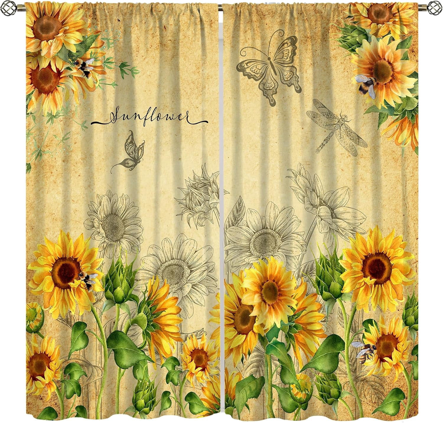Sunflower Curtains, Vintage Rustic Sunshine Watercolor Plant Butterfly Flower Blackout Windows Treatments, Thermal Insulation Drapes For Girls Kids Living Room Bedroom Kitchen Bathroom 42x54in