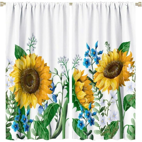 Sunflower Curtains Watercolor Yellow Natural Farmhouse Floral Pattern Blackout Print Rod Pocket Window Drapes for Bedroom Living Room 42x54in